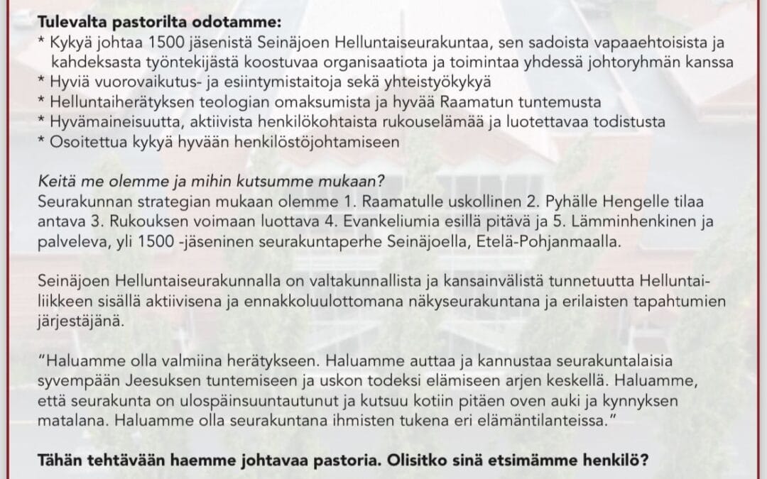 Johtava pastori Seinäjoen Helluntaiseurakuntaan | Haku avoinna 15.12.2024 asti