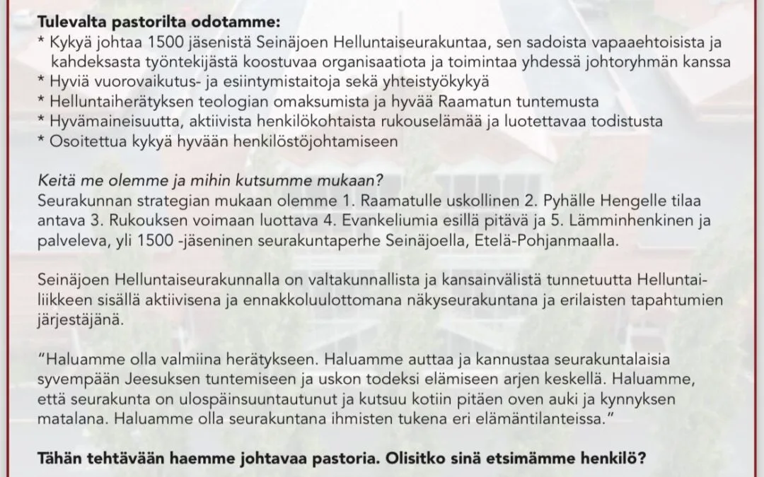 Johtava pastori Seinäjoen Helluntaiseurakuntaan | Haku avoinna 15.12.2024 asti
