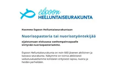 Nuorisopastori tai nuorisotyöntekijä Espoon Helluntaiseurakuntaan | Haku 1.6.2025 mennessä